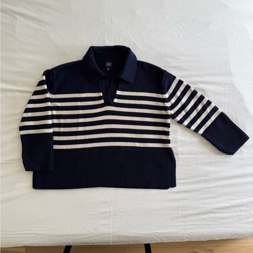 Navy and White Striped Women's Sweater - Picture 3 of 7